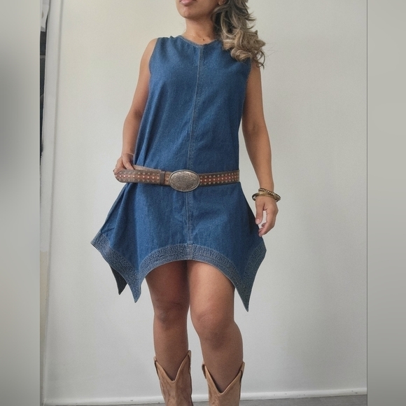 VINTAGE 100% COTTON Y2K Jean Dress with Waterfall Hem - Picture 9 of 11